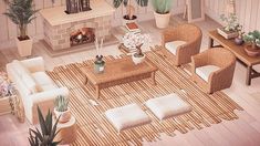 an aerial view of a living room with wicker furniture and potted plants on the floor