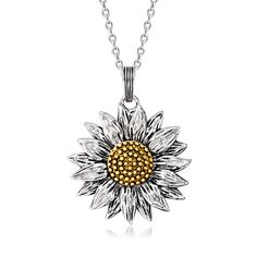 Ross-Simons - Silver, 14kt Yellow Gold Sunflower Pendant Necklace. 18". Stand tall and bloom! Our happy sunflower pendant necklace is highly detailed in sterling silver and 14kt yellow gold. Suspends from a classic cable chain with a 2" extender. Oxidized, textured and polished finishes. Springring clasp, 14kt yellow gold and sterling silver sunflower pendant necklace. Happy Sunflower, 14kt Gold Necklace, Gold Necklace For Women, Jewelry Presentation, Pretty Jewelry Necklaces, Sunflower Jewelry, Sunflower Pendant, Sunflower Necklace, Women Chain