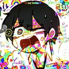 an animated image of a boy with black hair and glasses in front of colorful letters