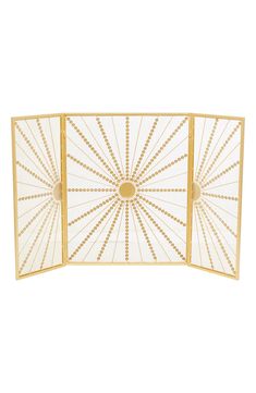 three panels in gold and white with an intricate design on the top, one panel is open