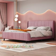 a bedroom with pink walls and bed in the middle, along with other accessories on the floor