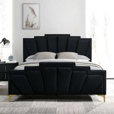 Florizel Black California King Bed - Ornate Home Black Upholstered Bed, Glam Bed, Black Queen Bed, King Upholstered Platform Bed, Platform Bedroom Sets, Eastern King Bed, California King Bedding, Padded Headboard, Elegant Bedroom