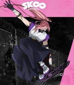 an anime character with pink hair holding a skateboard