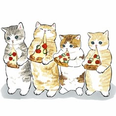 four cats are eating pizza and drinking wine together, one is holding a slice of pizza