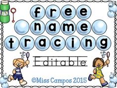 the word free name tracing is shown with bubbles and two children holding tennis racquets