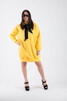 "Hooded Yellow Dress, Hooded Tunic Dress, Plus Size Clothing Yellow Hooded Dress with 2 sides pockets and tie. ►Extravagant YELLOW Hooded Dress Casual Everyday winter dress, Loose Caftan, Extra Long Hooded Maxi Dress. Asymmetrical Plus Size Long Sleeves Dress with a beautiful loose line. ►Suitable for plus size. The model wears size M - 5,6' / 170 cm Please note the desired length in \"note from buyer \"section when placing your order and I would love to make it for you ►Materials & Care Cot Spring Hoodie With Adjustable Hood, Yellow Hooded Casual Sweater, Casual Yellow Hooded Sweater, Sporty Hooded Sweater For Spring, Spring Adjustable Hoodie Sweatshirt, Spring Hoodie Sweatshirt With Adjustable Hood, Yellow Spring Hoodie Outerwear, Yellow Long Sleeve Hoodie For Spring, Oversized Yellow Sweatshirt With Drawstring Hood