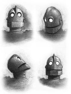 four different types of robot heads with eyes and nose shapes, all in black and white