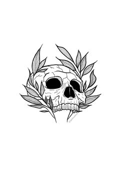 a black and white drawing of a skull with leaves around it