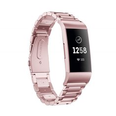 an image of a pink smart watch on a white background, with the time displayed