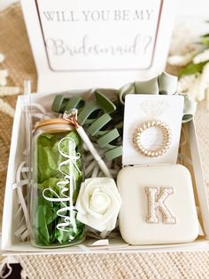 a box filled with personalized items on top of a table