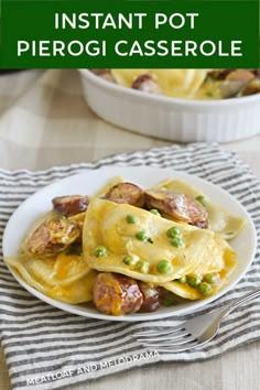 a white plate topped with pasta covered in cheese and peas next to a bowl of potatoes