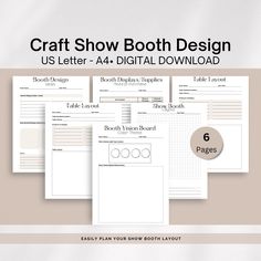 the craft show booth design is shown with four pages