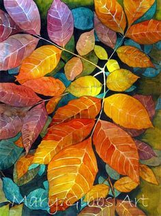 an abstract painting of colorful leaves