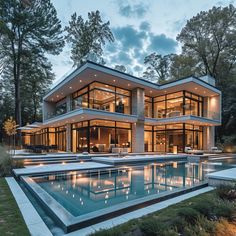 a large modern house with a swimming pool in the foreground and lots of windows