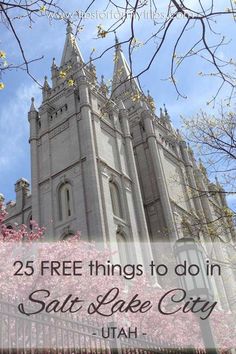 a large building with pink flowers on it and the words, a local's guide to temple square salt lake city utah