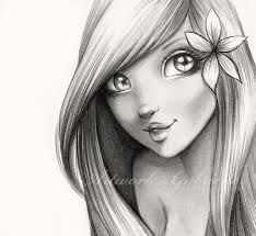 a pencil drawing of a girl with long hair and flowers in her hair, looking to the side