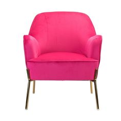 a pink chair with gold legs on a white background