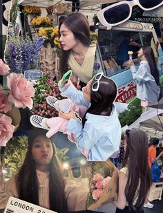 a collage of photos with people and flowers