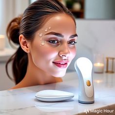 "Create an image of a viral, multitasking beauty device (such as a facial cleansing brush or light therapy tool) on a sleek marble countertop. The device is shown in use on a woman’s face, with glowing, fresh skin as a result. The scene is luxurious, featuring soft lighting and modern, minimalist decor to showcase the beauty tool." Marble Countertop, Facial Cleansing Brush, Therapy Tools, Fresh Skin, Beauty Devices, Cleansing Brush