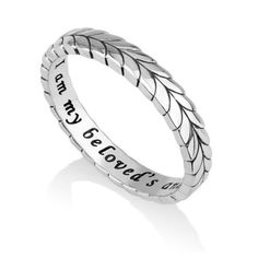 Fine quality sterling silver ring is unique and elegant in design with Scripture verse sentiment engraved inside the ring.Patterned leaf design encircles the outside of the ring925 sterling silverChristian ring, commitment of love and quote from Song of Solomon inside I am my beloved's and my beloved is mineCreated by Marina, designer and jewelry artist from the Holy >LandWhite gift box Wedding Ring or for any special occasion of loveMarina brings you a unique collection of inspired jewelry d Faceted Design, Wedding Rings Round, Jewelry Artist, Sacred Symbols, Silver Wedding Bands, Silver Wedding Rings, Inspired Jewelry, White Gift Boxes, Couple Rings