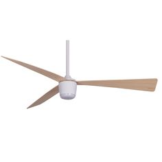 a white ceiling fan with wooden blades and a light on the blade is shown in front of a white background