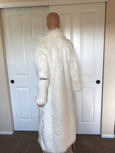 High quality 100% faux fur coat with a white 100% polyester liner. Mannequin is wearing a size small. The coat has 4 pea-coat buttons and pockets! Processing & Delivery Timeline (MUST READ): Please do not rely on the estimated delivery dates/ processing times posted. These dates can vary depending on my shop's current workload and pending order schedule. If you need your order by a date that is 1-2 weeks after your estimated delivery, please message me to make sure it is doable. White Faux Fur Trim Outerwear, White Fitted Long Fur Coat, White Fur Coat With Faux Fur Lining For Winter, White Fur Coat With Faux Fur Lining, White Faux Fur Lined Coat For Winter, White Faux Fur Lined Coat, White Long Coat With Faux Fur Lining, Fur Coat White, White Fur Jacket