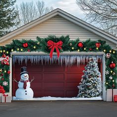 a garage decorated for christmas with a snowman