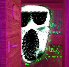 an image of a dog with sunglasses on it's face looking through a door