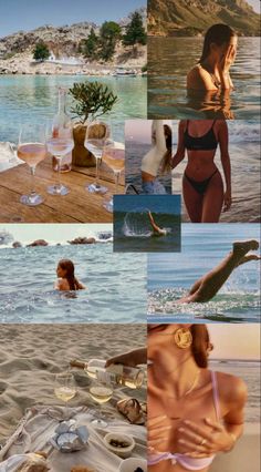 a collage of photos with women in bikinis and wine glasses on the beach