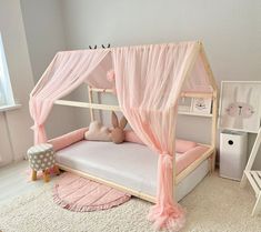 Toddler Room Ideas: Beds & Play Areas 🎨 Bunk Beds With Canopy, Diy House Bed Canopy, House Bed Girls Room, Pink Toddler Bedroom, Toddler Girl Bedroom Ideas, Curtains For Bed, Pink Toddler Rooms, House Bed Canopy, Tulle Canopy