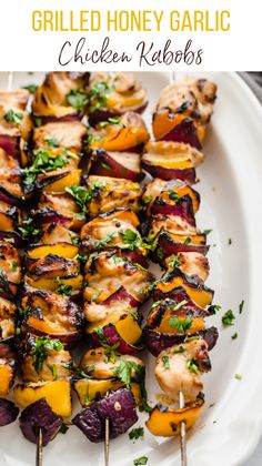 grilled honey garlic chicken kabobs on a white plate