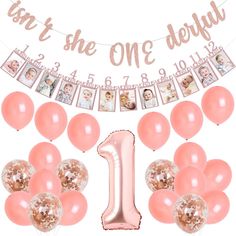 the first birthday banner with balloons and pictures