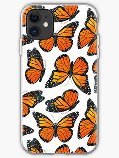 an iphone case with orange butterflies on it, all in different shapes and sizes for the phone