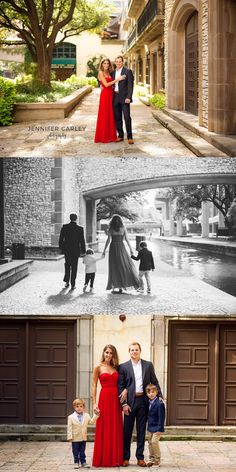 the family is posing for pictures in front of their home and on the steps outside