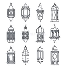 the different types of hanging lanterns in line art style royalty illustration on white background stock images