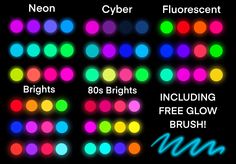 an image of different colored lights on a black background with the words neon, fluorescent, and