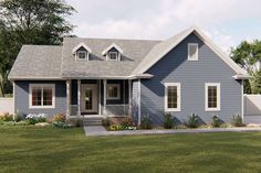 a rendering of a blue house with white trim and two windows on the front porch