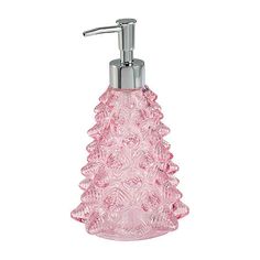 a pink glass soap dispenser on a white background