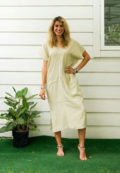 "* Bohemian Style Dress  * One Size Fits Most (US Women's S-2XL) * Organic Double Gauzed Muslin Cotton * 2 Side Pockets * Bust up to 50\" * Length with Hem 46\" * Suitable for any occation * Great gift for yourself or your loved ones" Comfortable V-neck Relaxed Fit Dress, Comfortable Relaxed Fit Dress With Short Sleeves, Beige Relaxed Fit Cotton Maxi Dress, Relaxed Fit V-neck Comfortable Dress, Comfortable Relaxed Fit V-neck Dress, Comfortable V-neck Dress With Relaxed Fit, Beige Cotton Maxi Dress With Short Sleeves, Beige Tunic Dress For Loungewear, Cream Relaxed Fit Beach Dress