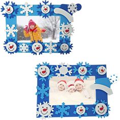 two frames with snowflakes on them, one is holding a baby and the other has