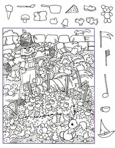 an adult coloring book with flowers and plants in the garden, one is holding a teddy bear