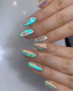 Chrome Nails Iridescent, Uruuru Nails, Alien Inspired Nails, Chrome Space Nails, Metallic Aura Nails, Chrome Nails With Design, Disco Nails 70s, Disco Nails Designs, Gemstone Nails