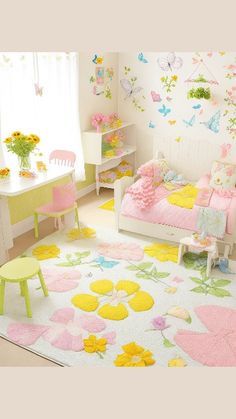 a child's bedroom decorated in pink, yellow and green