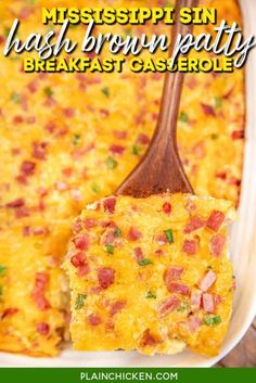 a casserole dish with ham, brown patty and green onions in it on a wooden spoon