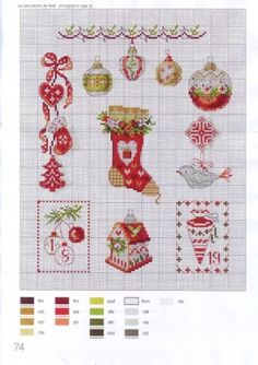 the cross stitch pattern has many different designs on it, including wreaths and ribbons