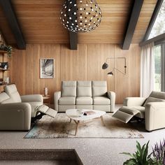 a modern living room with wood paneling and white leather sofas, coffee table and chairs