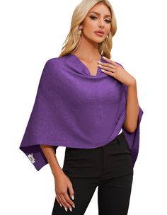 PRICES MAY VARY. One size: Capri ponchos is a shorter “mini” poncho,pretty style. This style complements a more petite or slender frame.The model is 5'7"tall and weighs 114 lbs. Soft fabric:Beautiful cut and knit just soft enough.This is lightweight yet warm poncho.The fabrics are stiff, smooth and stretchy, so they are wrinkle resistant, they're sure to be your go-to wardrobe items when packing. Versatile design:The ponchos can be worn multiple ways, The V is on the back,front or sides, giving Oversized Shawl Poncho, Winter Wrap Poncho, Versatile Fall Poncho, Chic One-size Poncho Shawl, Elegant Batwing Sleeve Poncho For Fall, Chic Solid Color Winter Poncho, Elegant Solid Poncho For Fall, Purple Shawl For Fall, Chic One Size Poncho With Batwing Sleeve