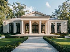 a large white house with columns and pillars on the front porch, surrounded by greenery