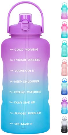 a purple and blue water bottle with the words good morning in different languages on it