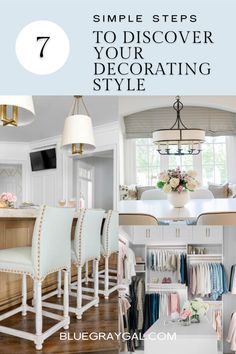 an open closet with chairs and clothes hanging on the wall, in front of a kitchen island